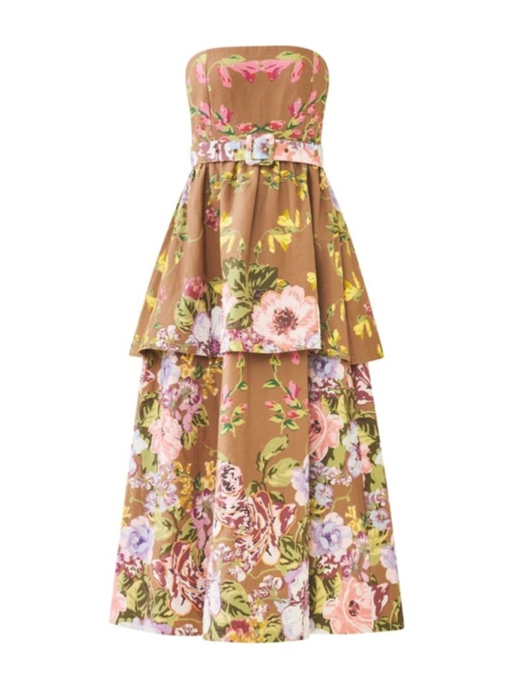 Eddy Daisy Dress Caramel Victorian Floral Strapless Brown Floral Tiered Sz: 'S
